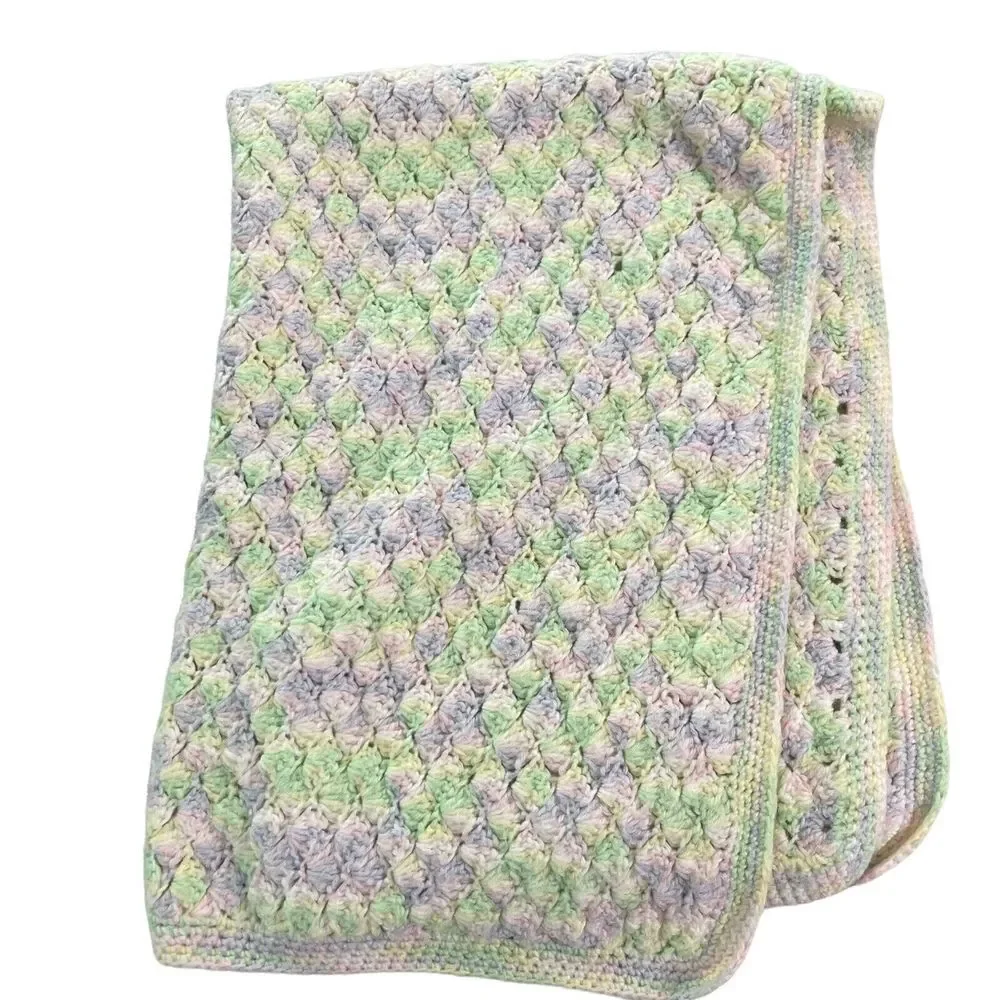 Vintage Crochet Pastel Multicolor Blanket Acrylic Throw Knit Crib Throw‎ Decor